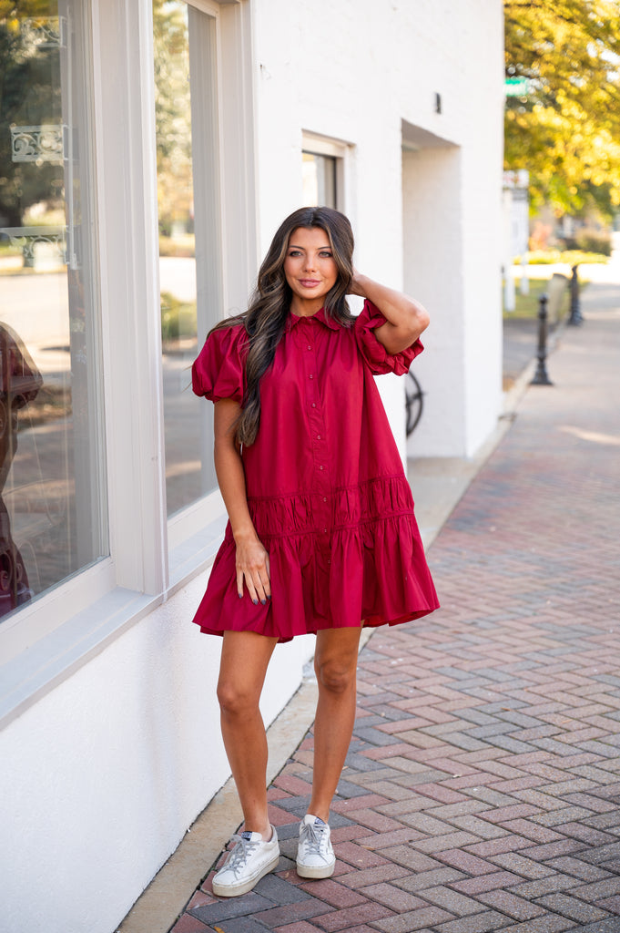 Natalie Puff Sleeve Dress-Crimson