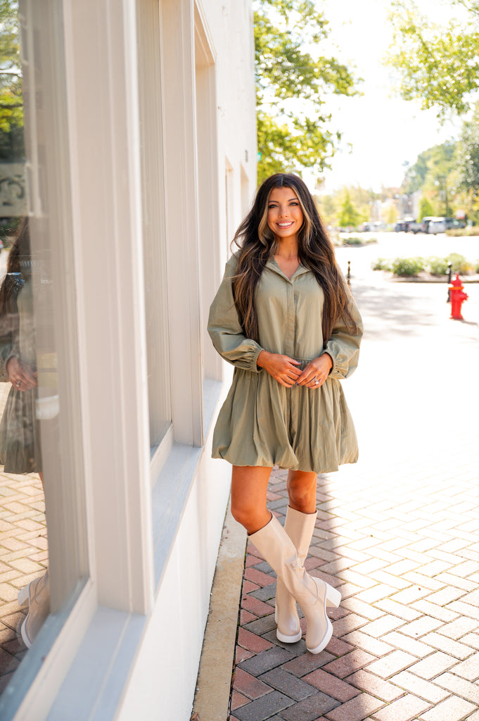 Carmin Button Down Dress-Olive Green