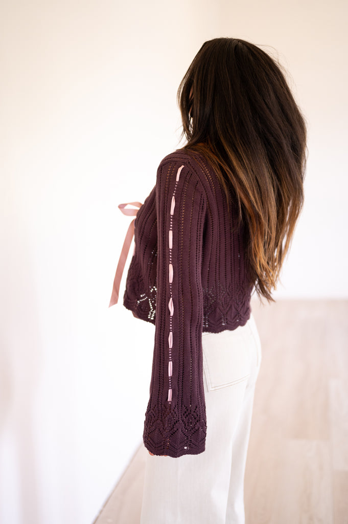 Olivia Laced Ribbon Cardigan-Chocolate