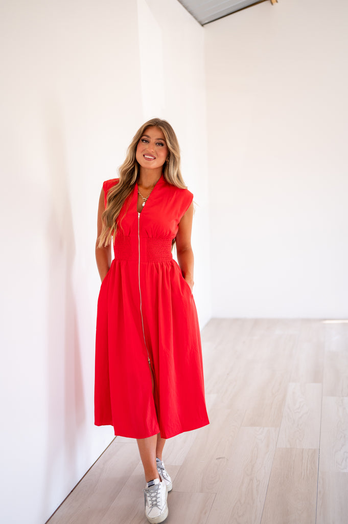 Aden Midi Zipper Dress-Red | Inside Out Boutique Aden Midi Zipper Dress-Red | Inside Out Boutique