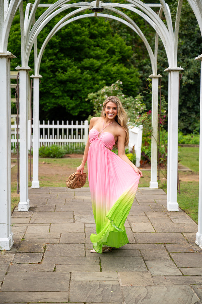Kylan Halter Pleated Maxi Dress-Pink/Lime