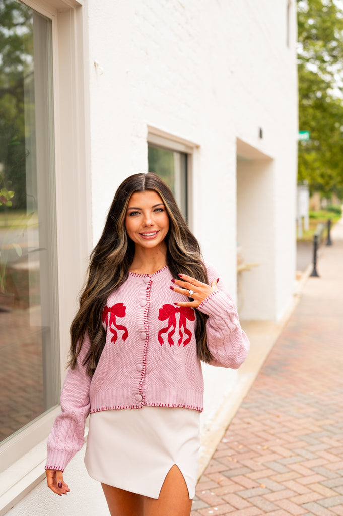 Lizzie Bow Cardigan-Mauve Pink