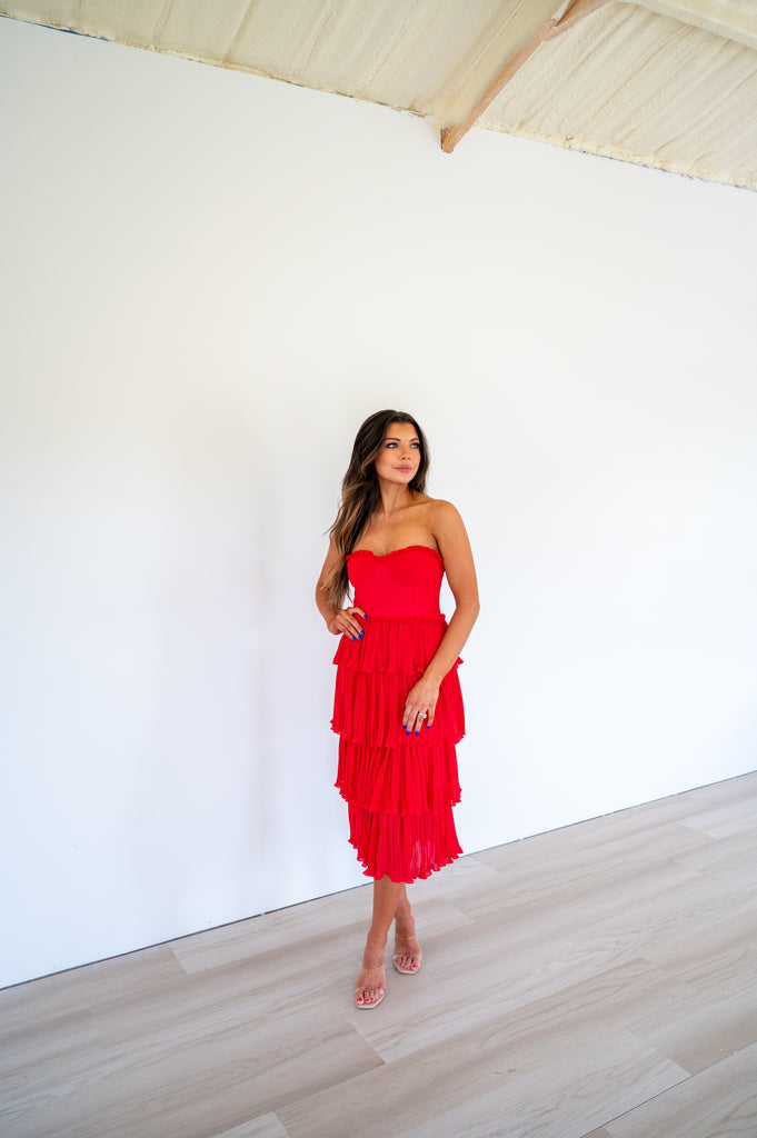 Caselyn Strapless Tiered Midi Dress-Red