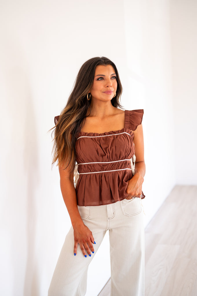 Dani Ruched Ruffle Top-Chocolate