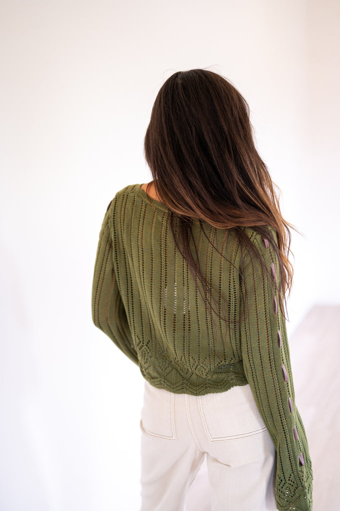 Olivia Laced Ribbon Cardigan-Olive Green