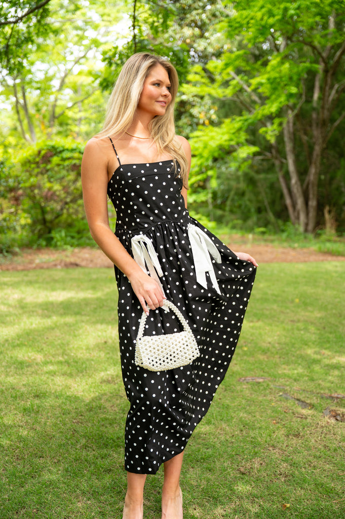 Polka Dot Bow Midi Dress-Black