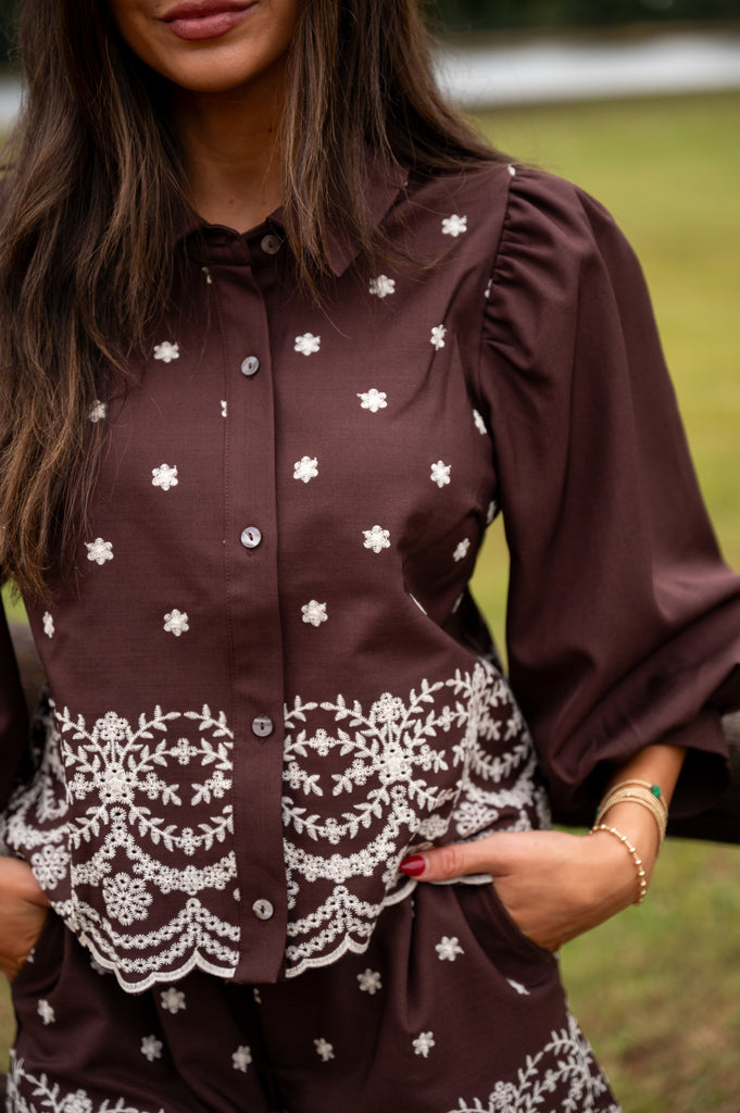 Puff Sleeve Embroidered Shorts Set-Brown