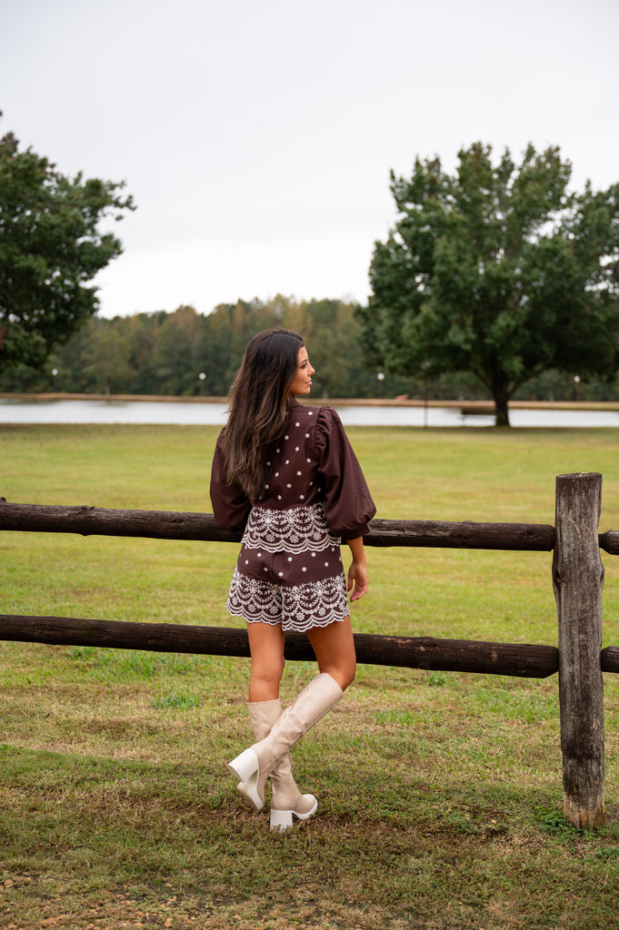 Puff Sleeve Embroidered Shorts Set-Brown