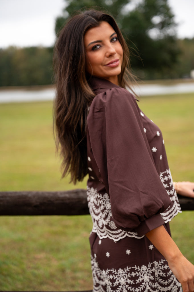 Puff Sleeve Embroidered Shorts Set-Brown