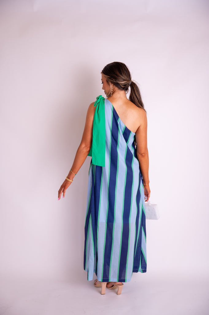 Brynn Stripe One Shoulder Maxi Dress-Blue/Green