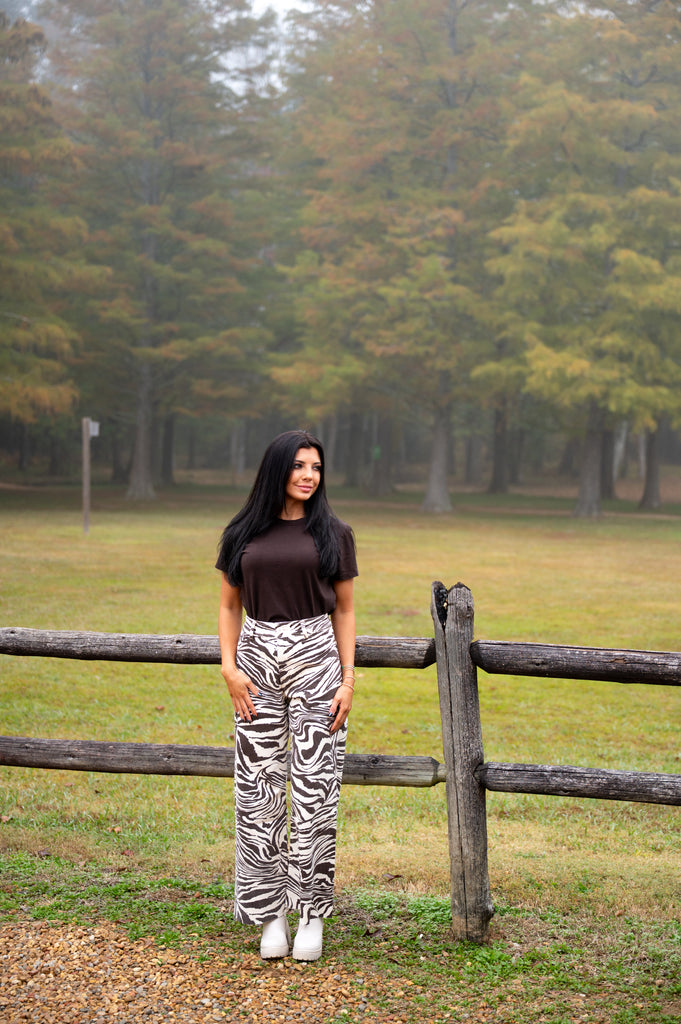 Zebra Print Denim Pants-Brown