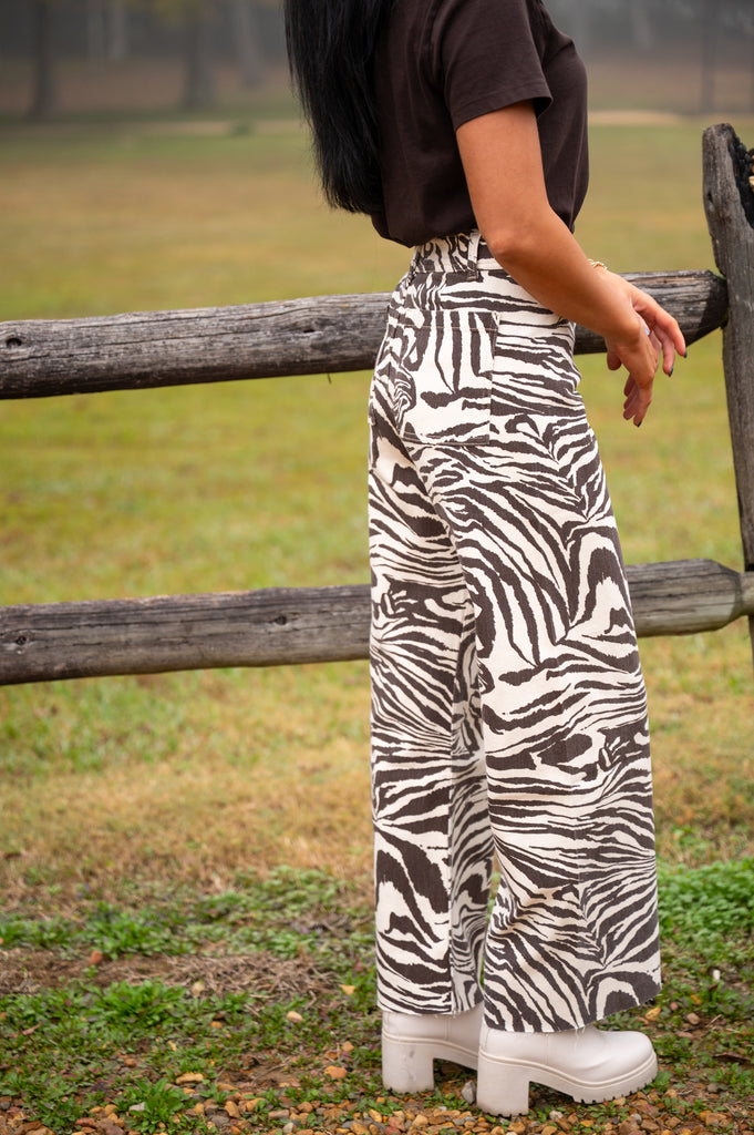 Zebra Print Denim Pants-Brown