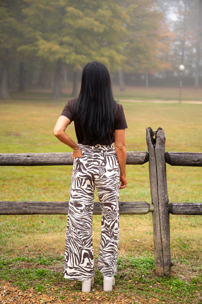 Zebra Print Denim Pants-Brown
