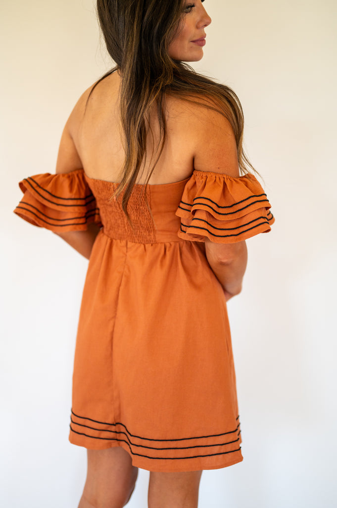 Eliza Off Shoulder Embroidered Mini Dress-Hazel