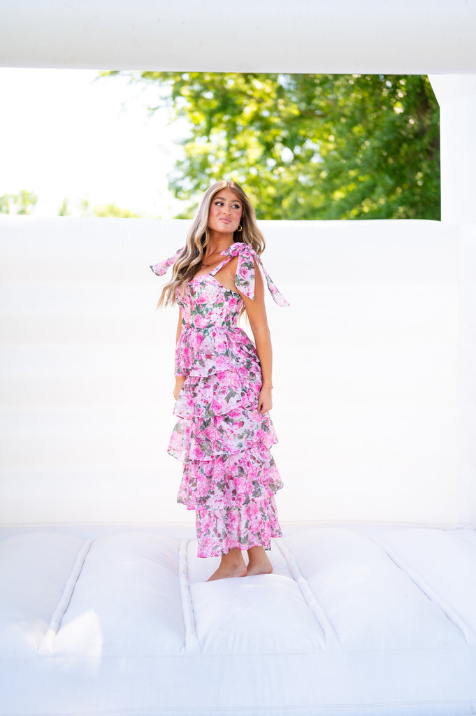 Macy Floral Ruffle Midi Dress-Pink Macy Floral Ruffle Midi Dress-Pink