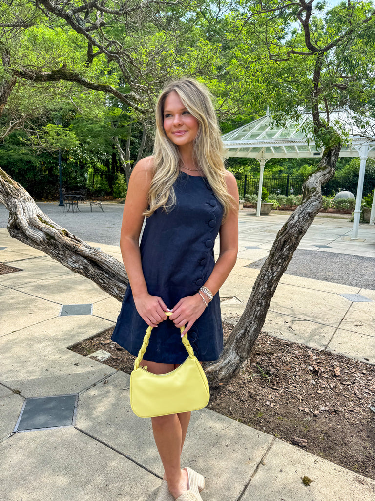 Addison Button Linen Dress-Navy