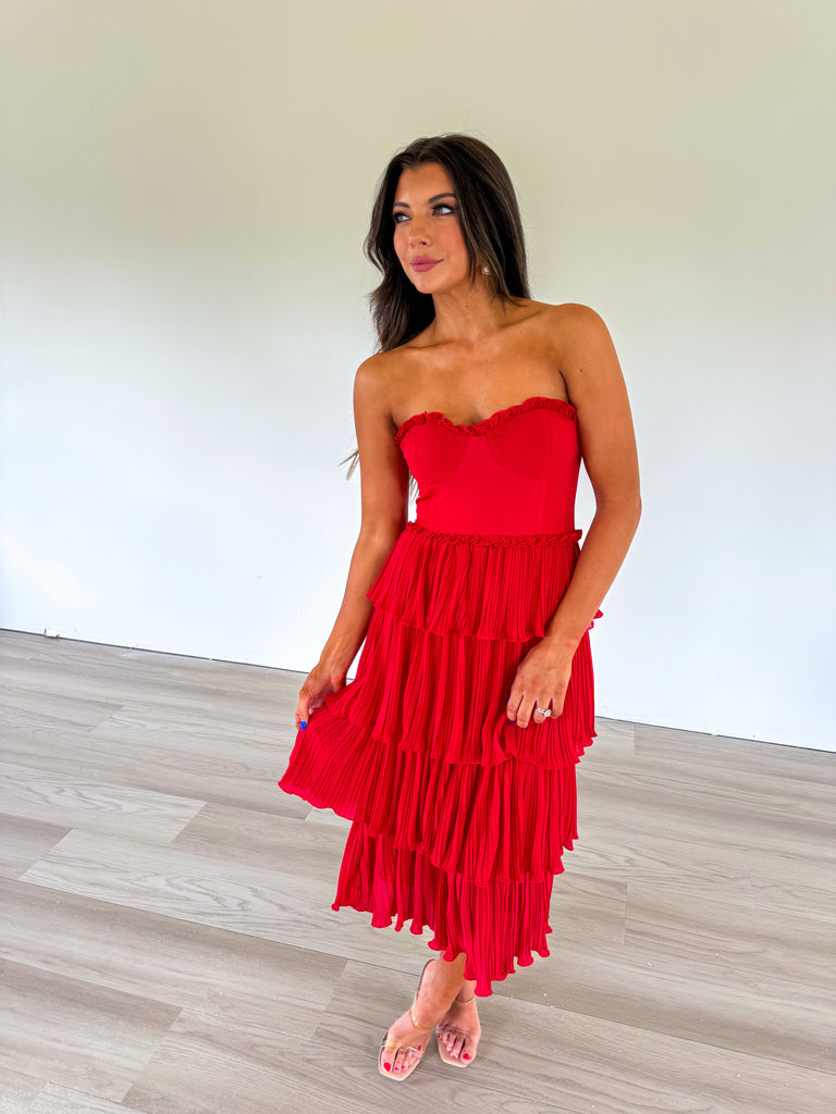 Caselyn Strapless Tiered Midi Dress-Red