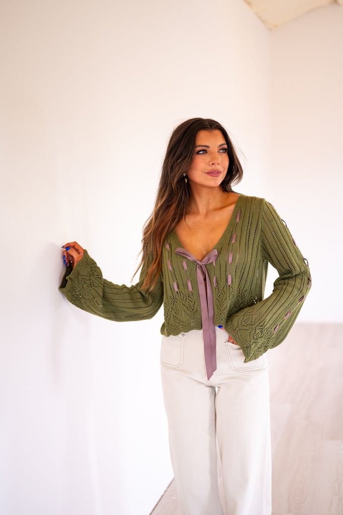 Olivia Laced Ribbon Cardigan-Olive Green