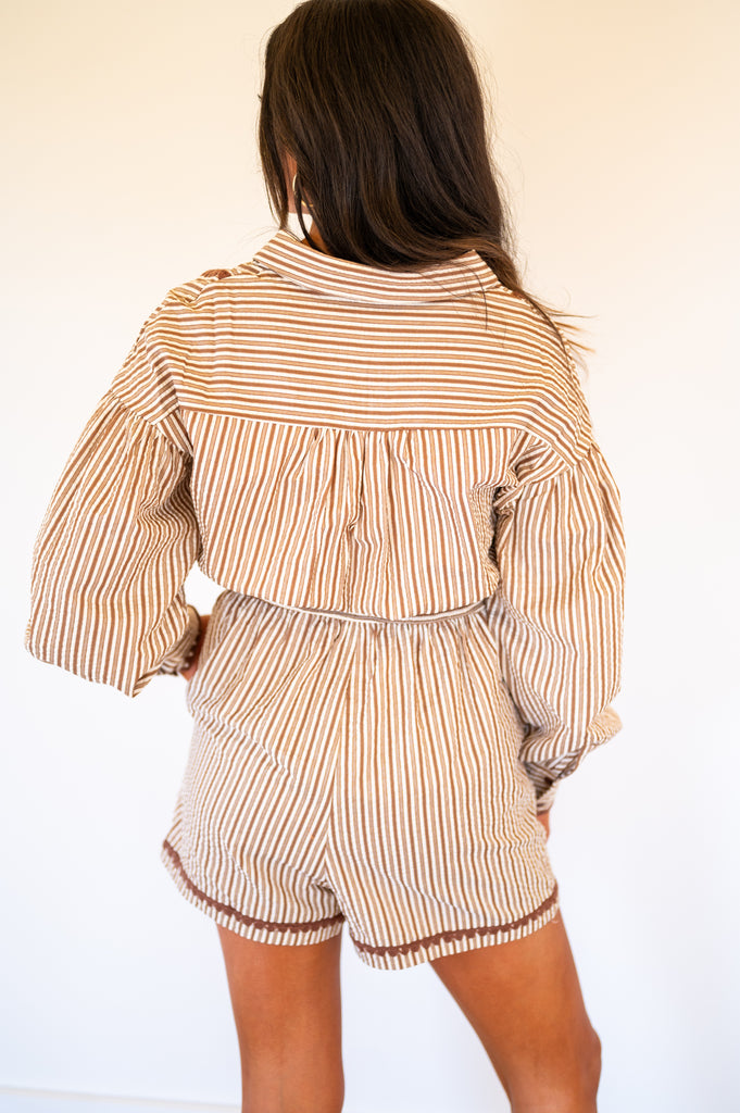 Kenna Button Down Stripe Romper- Mocha