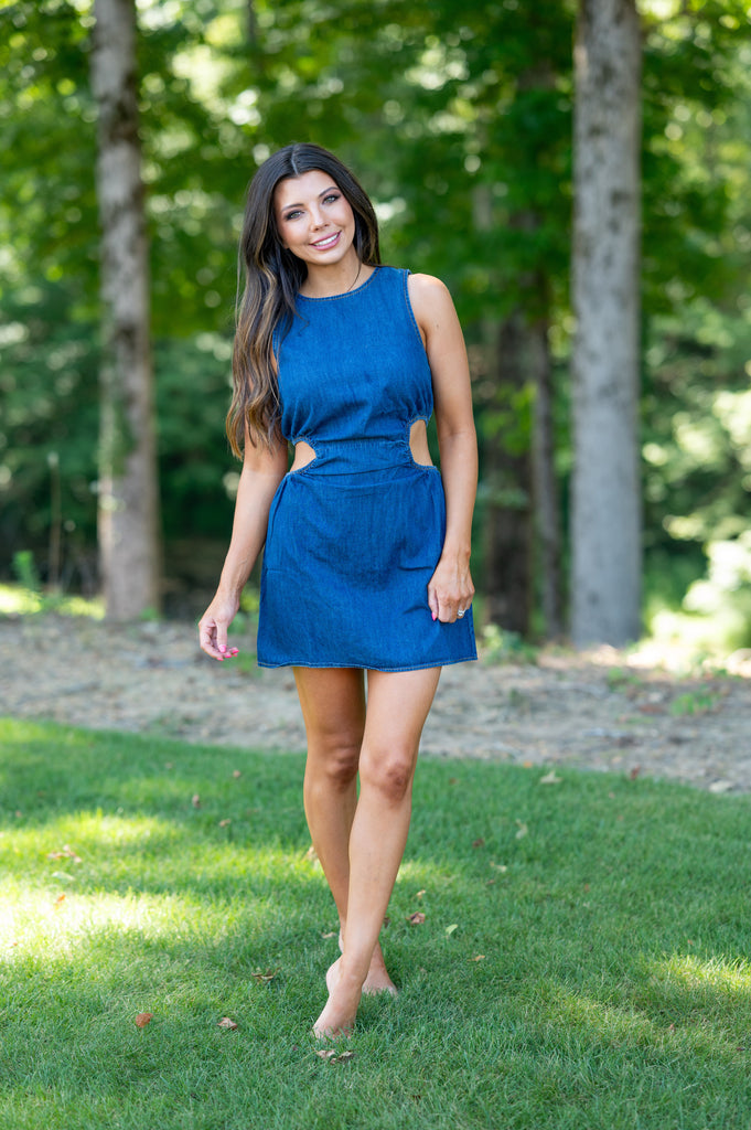 Denim Cut Out Mini Dress-Medium Wash | Inside Out Boutique Denim Cut Out Mini Dress-Medium Wash | Inside Out Boutique