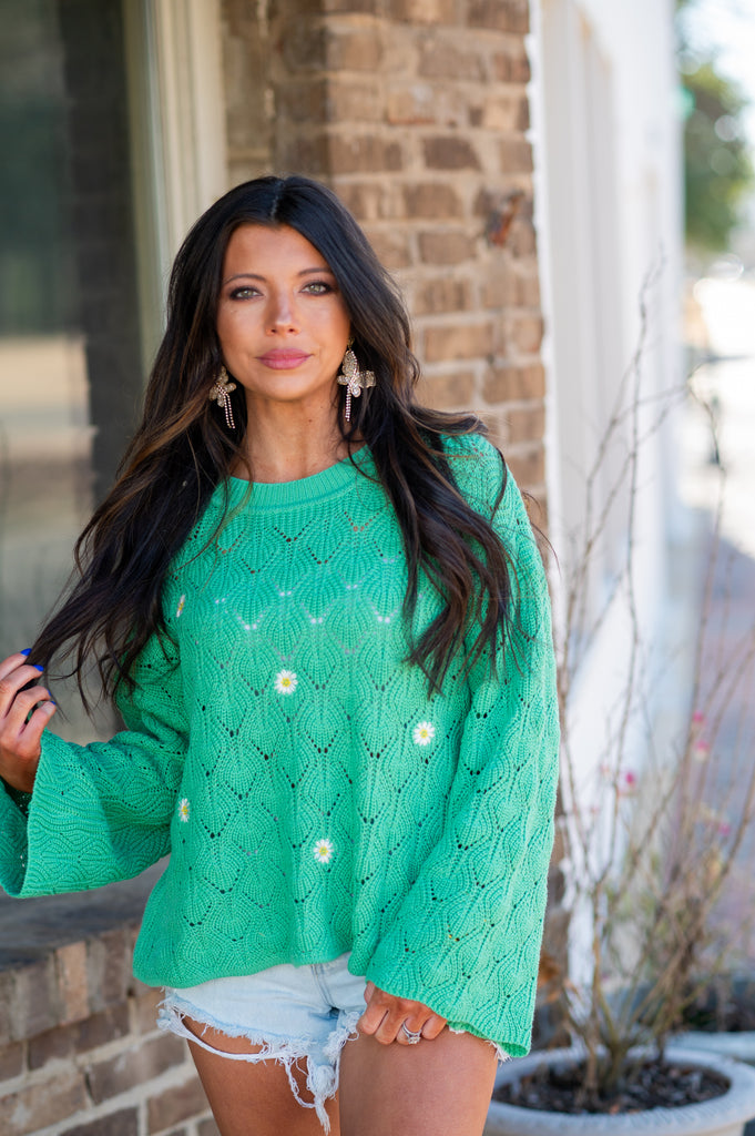 Daisy Embroidered Knit Sweater-Green