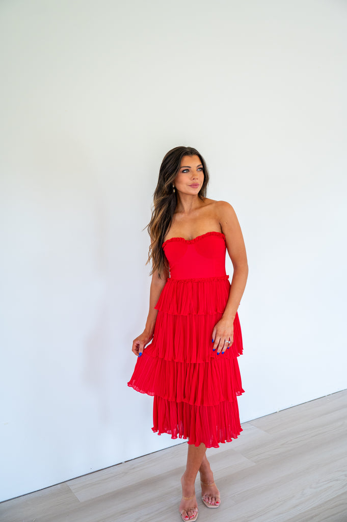 Caselyn Strapless Tiered Midi Dress-Red