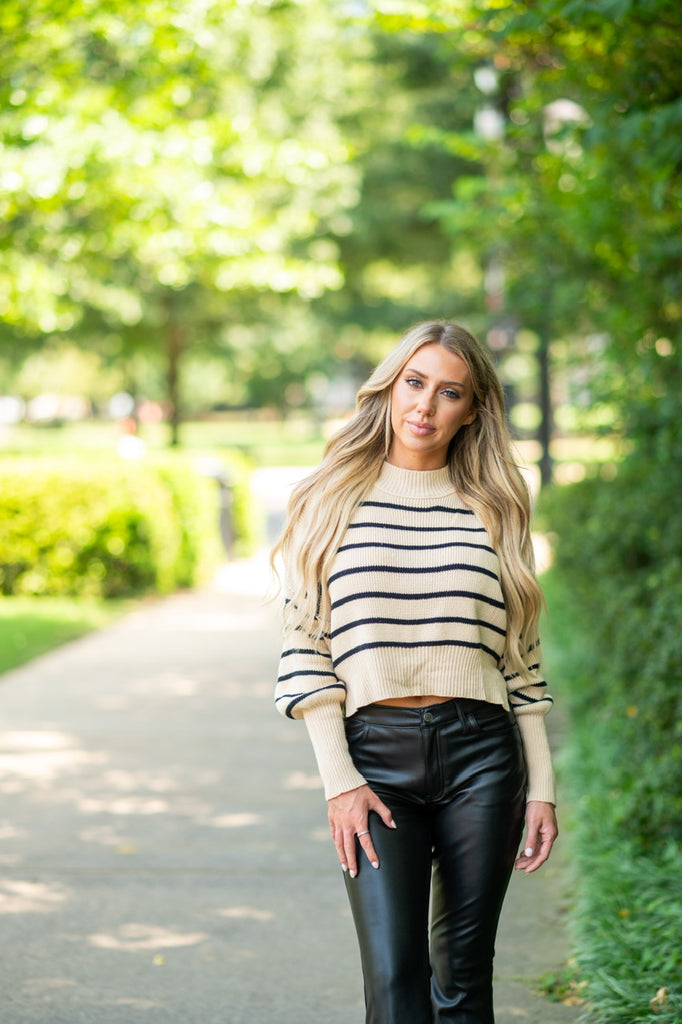 Cropped Stripe Sweater- Taupe/Black