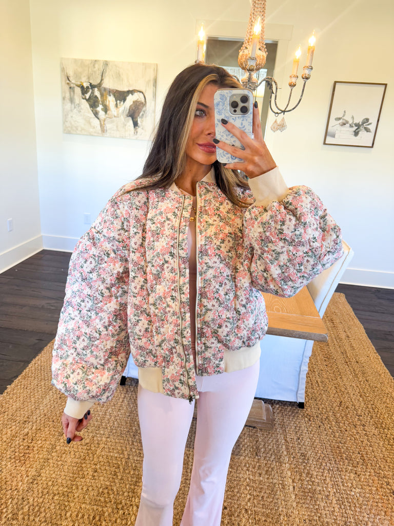 Floral Puffer Jacket-Pink Multi