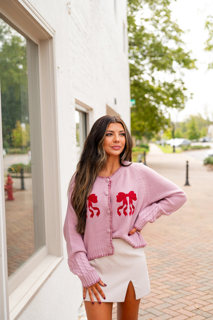 Lizzie Bow Cardigan-Mauve Pink