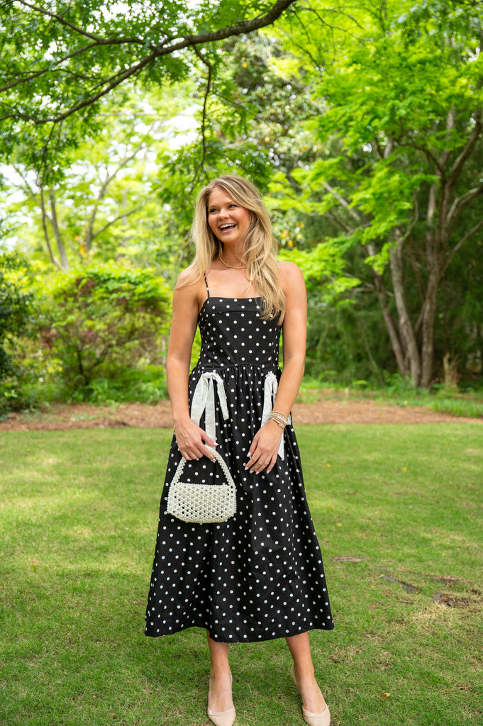 Polka Dot Bow Midi Dress-Black