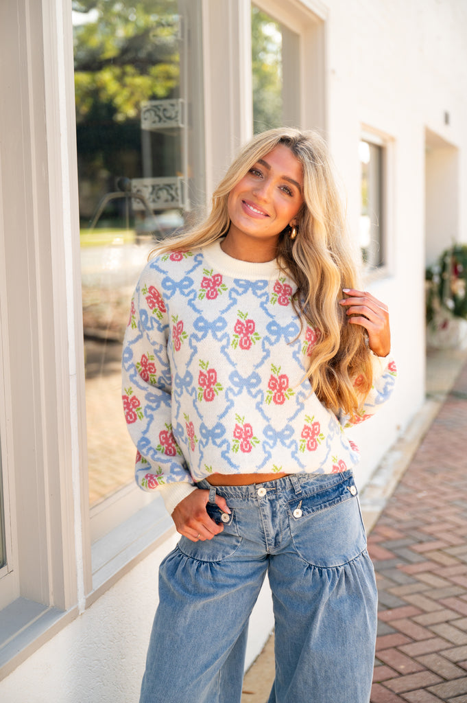 Bow Floral Oversized Sweater-Cream