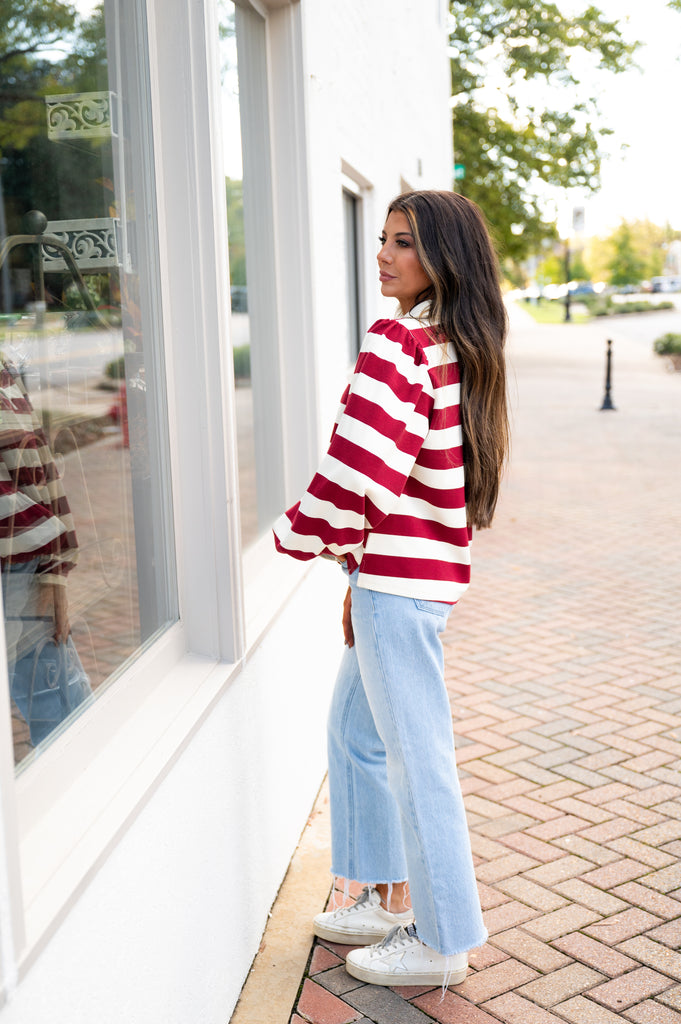 Stripe Polo Long Sleeve Shirt- Burgundy