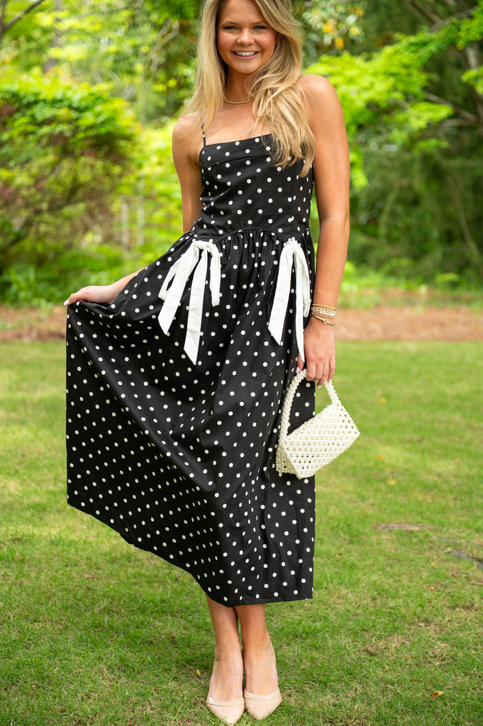 Polka Dot Bow Midi Dress-Black