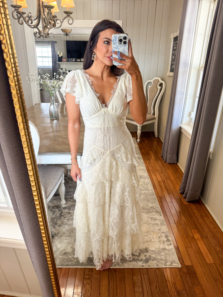 Lace Ruffle Maxi Dress-Ivory