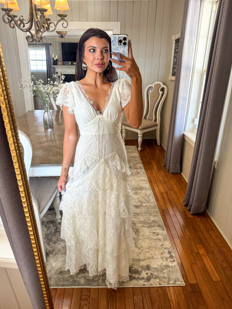 white lace ruffle maxi dress Lace Ruffle Maxi Dress-Ivory