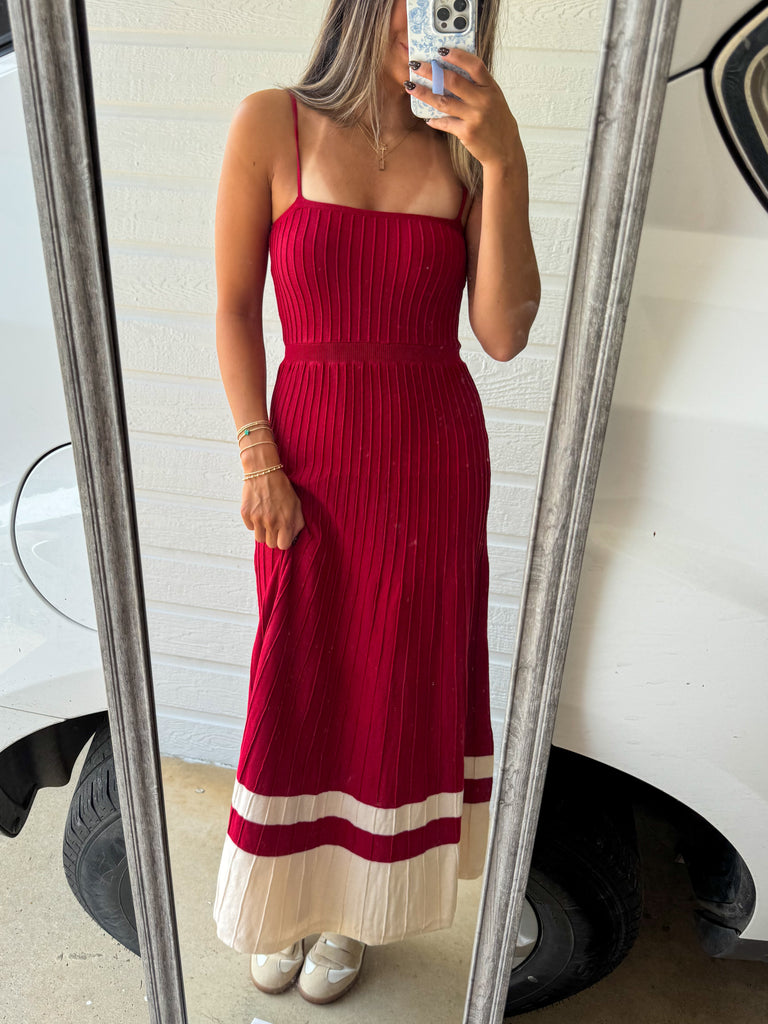 Audrey Pleated Knit Maxi Dress-Crimson