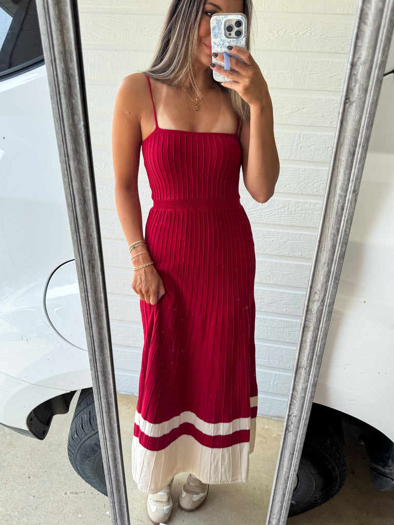 Audrey Pleated Knit Maxi Dress-Crimson
