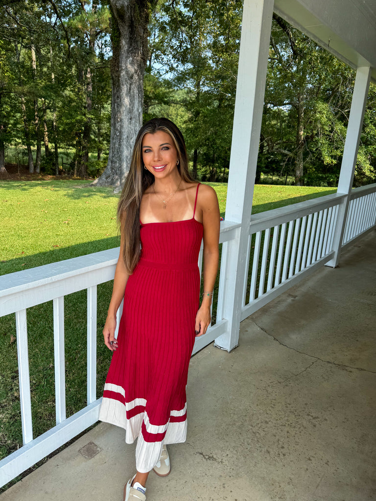Audrey Pleated Knit Maxi Dress-Crimson