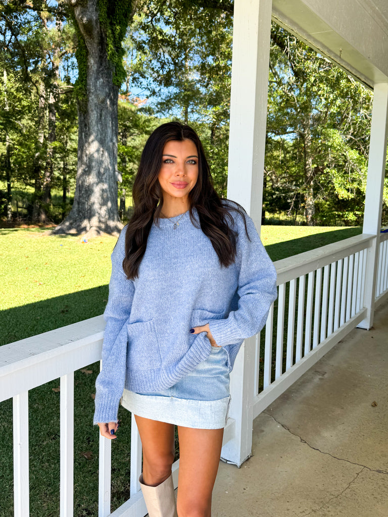 Front Pocket Oversized Sweater-Blue