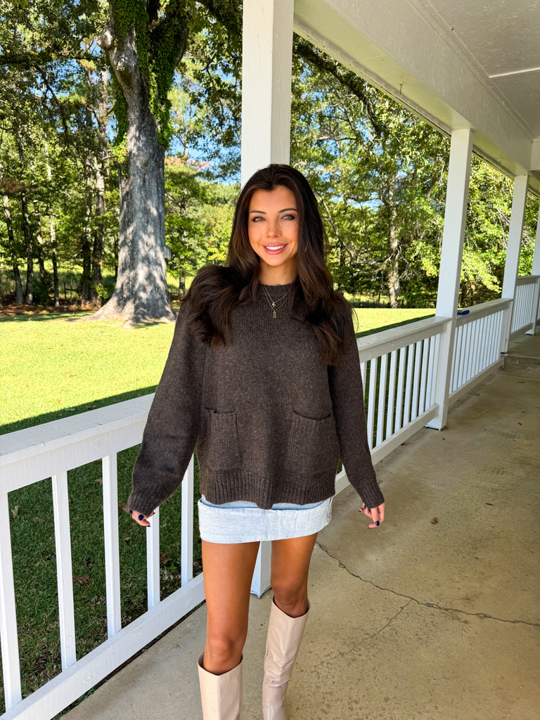 Front Pocket Oversized Sweater-Brown