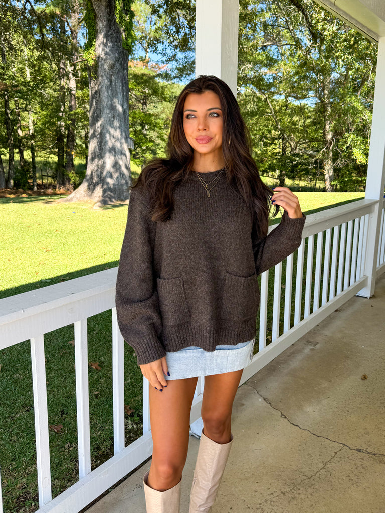 Front Pocket Oversized Sweater-Brown