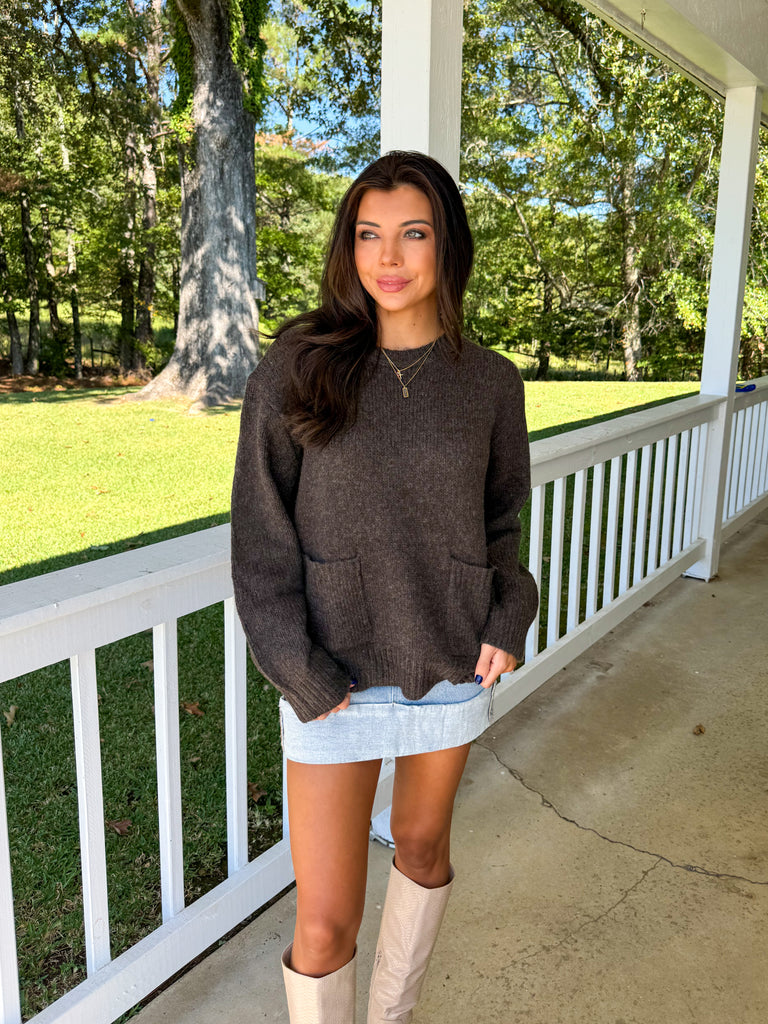 Front Pocket Oversized Sweater-Brown