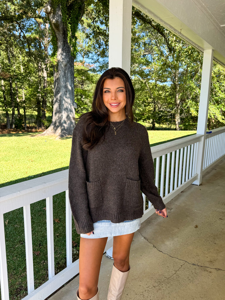 Front Pocket Oversized Sweater-Brown