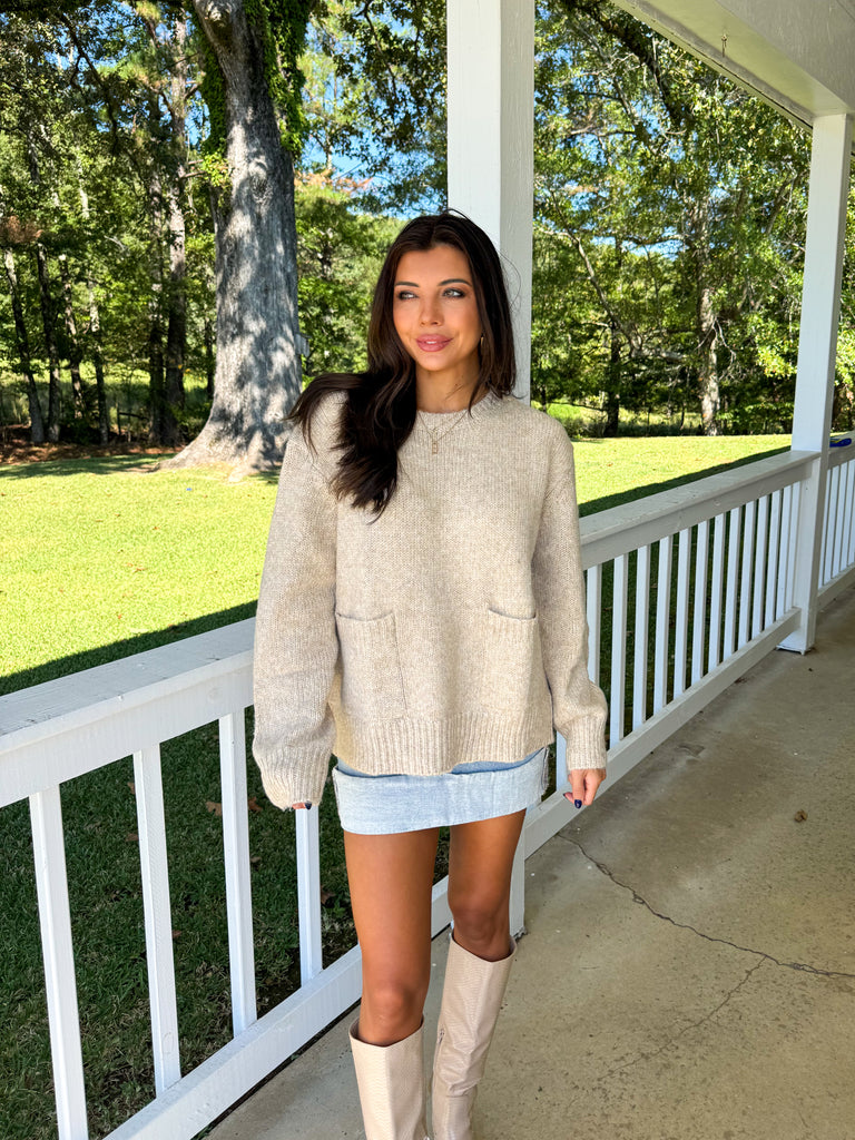 Front Pocket Oversized Sweater-Taupe