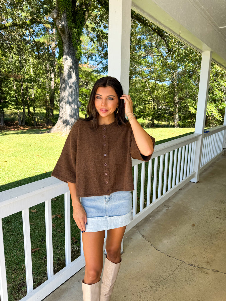 Dallas Knit Short Sleeve Cardigan-Chocolate