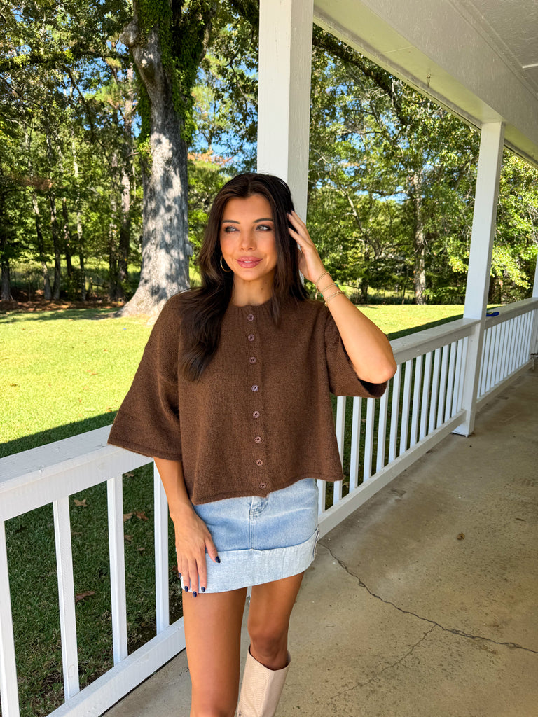 Dallas Knit Short Sleeve Cardigan-Chocolate