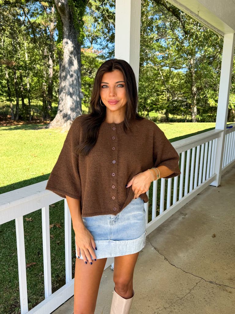 Dallas Knit Short Sleeve Cardigan-Chocolate