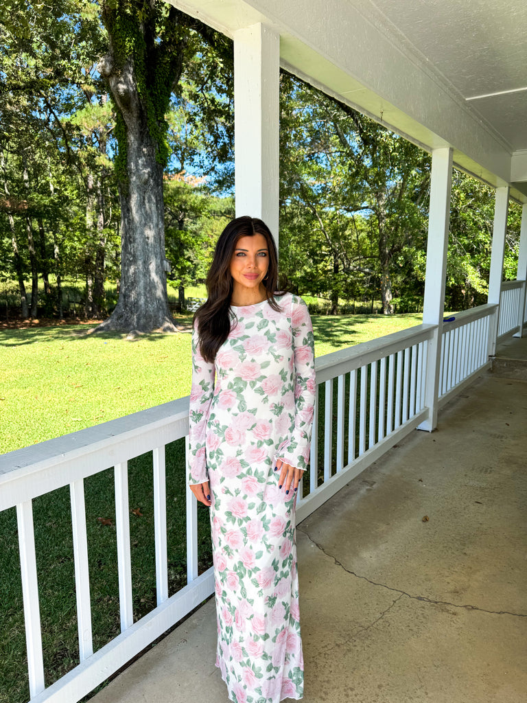 Floral Long Sleeve Maxi Dress-Multi Ivory