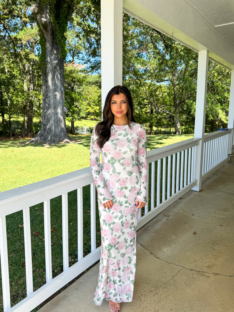 Floral Long Sleeve Maxi Dress-Multi Ivory