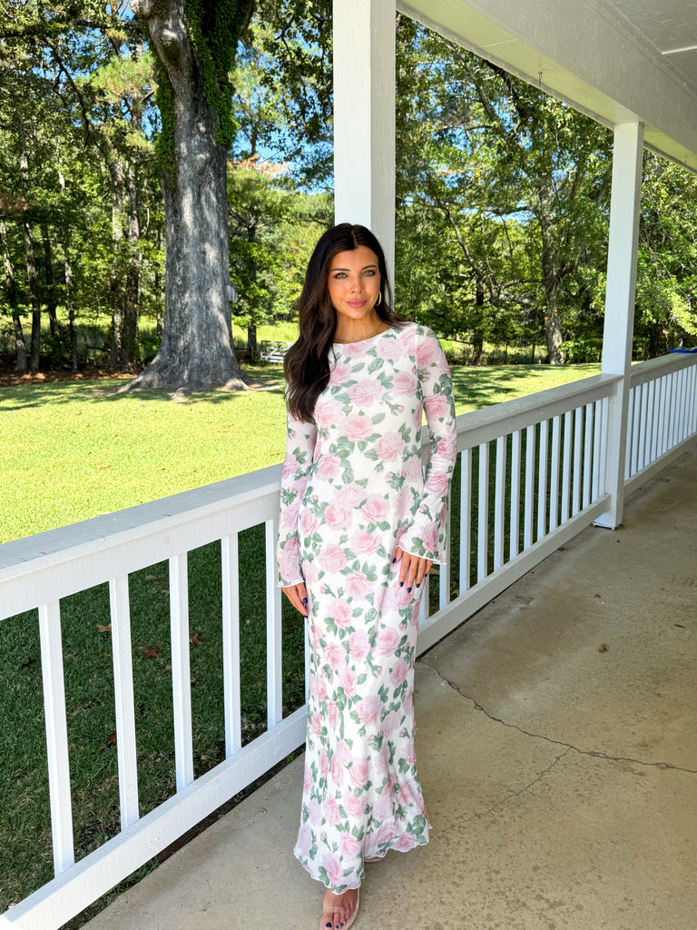 Floral Long Sleeve Maxi Dress-Multi Ivory